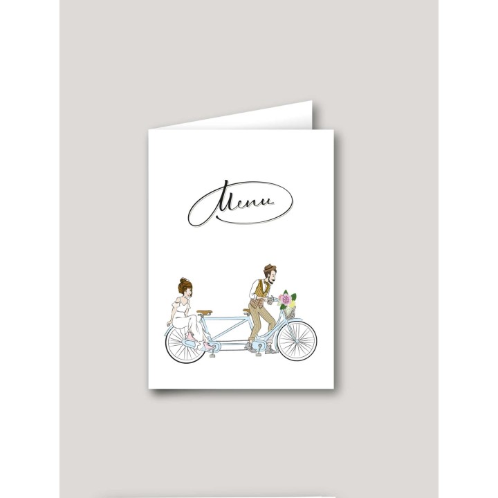 Menu MARIAGE  intemporel  TANDEN les maries EN VELO et beaux fanions  pastels