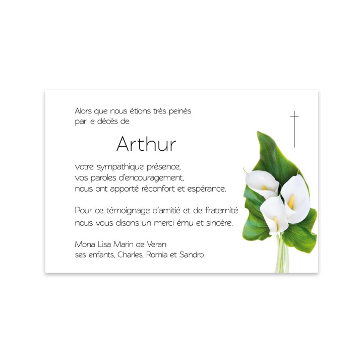 Carte remerciement deuil  personnalise made in France condoléances 3 fleurs d'arums