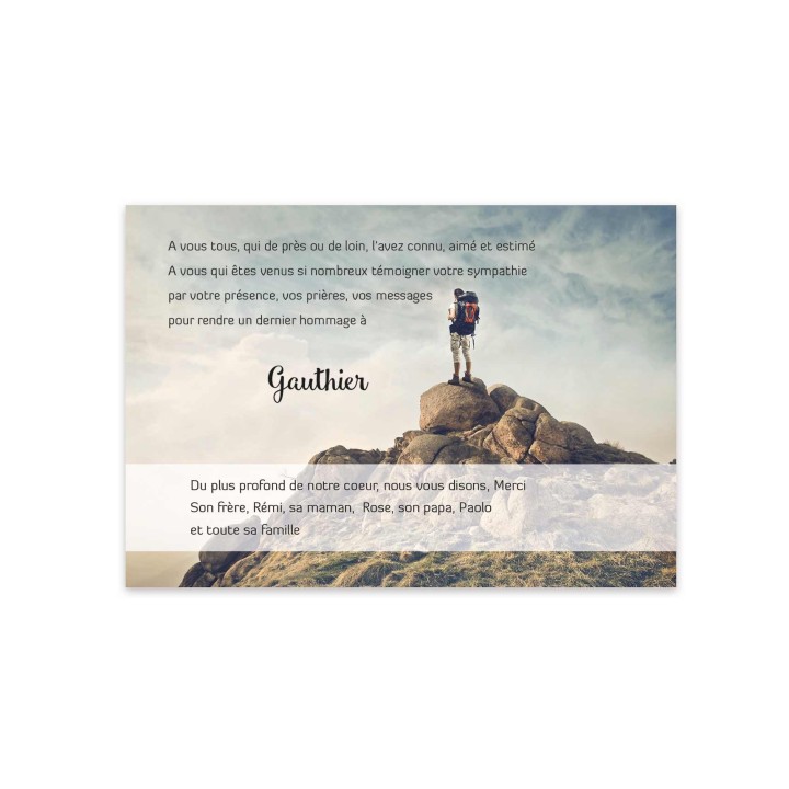 remerciements décès alpinistes Carte condoléances, haute montagne massif