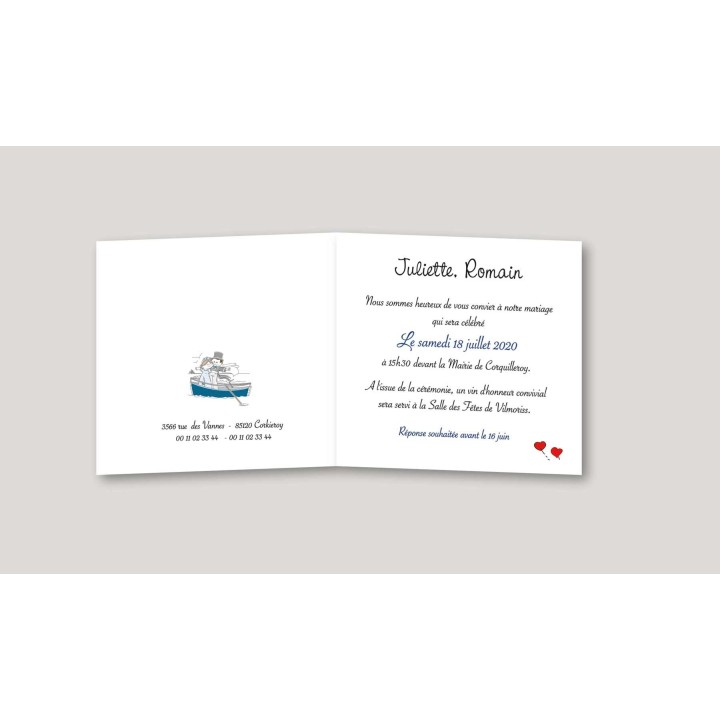 carte invitation MARIAGE LES MARINS, en bateau sous le vent vaguent pour les noces