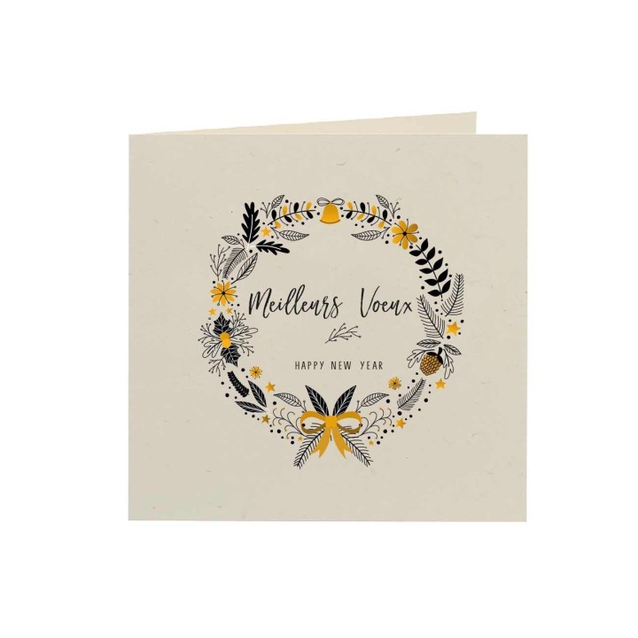carte de vœux couronne  de houx  symbole bonne année noire et mordoré