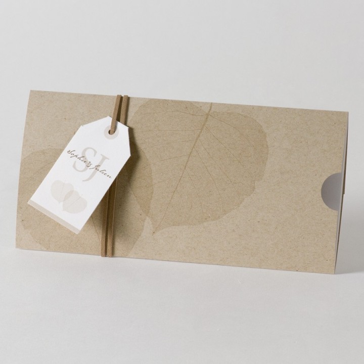 Faire-part de mariage  pochette PAPIER ECOLO recycle  kraft étiquette blanche FEULLETINE