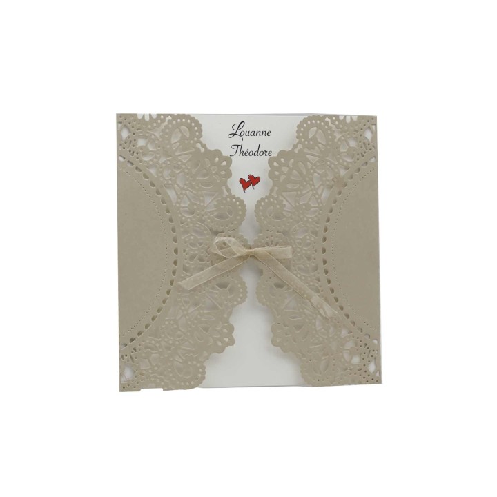 FAIRE PART MARIAGE,  TRIPTIQUE RABAT DENTELLE DE MONTMIRAIL  PAPIER BRUN ECOLE CARTE naturel, ruban voile