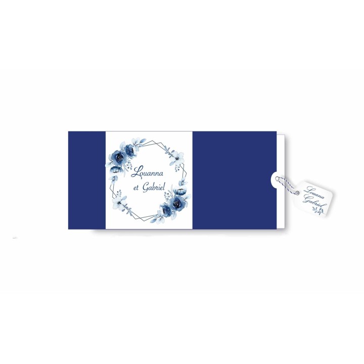 Faire part mariage, pochette  bleu marine, bandeau aquarelle fleurs bleutées, carte coulissante étiquette prénom.