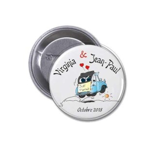 Badge ROND personnalise MARIAGE, 2 CV retro,  design voiture bleu, ou rouge, GRENOBLE