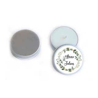 BOUGIE mariage Personnalisée COURONNE DE FEUILLES NATURELLES dans une boite métal argenté GRENOBLE