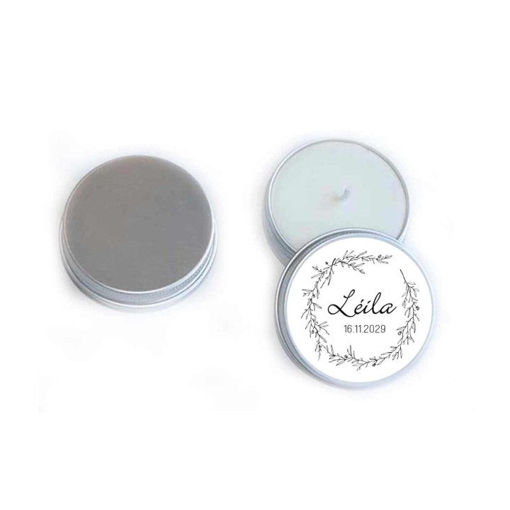 BOUGIE dans une boite métallique couronne feuillages noir et blanc  
personnalise baptême, anniversaire A GRENOBLE