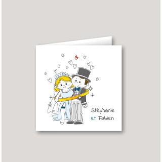 Faire part mariage  LOUISON, couple  HUMOUR,  la marié en jarretelle, enlacés de anneau alliance