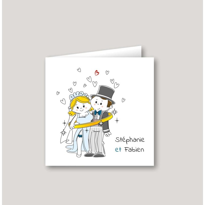 Faire part mariage  LOUISON, couple  HUMOUR,  la marié en jarretelle, enlacés de anneau alliance