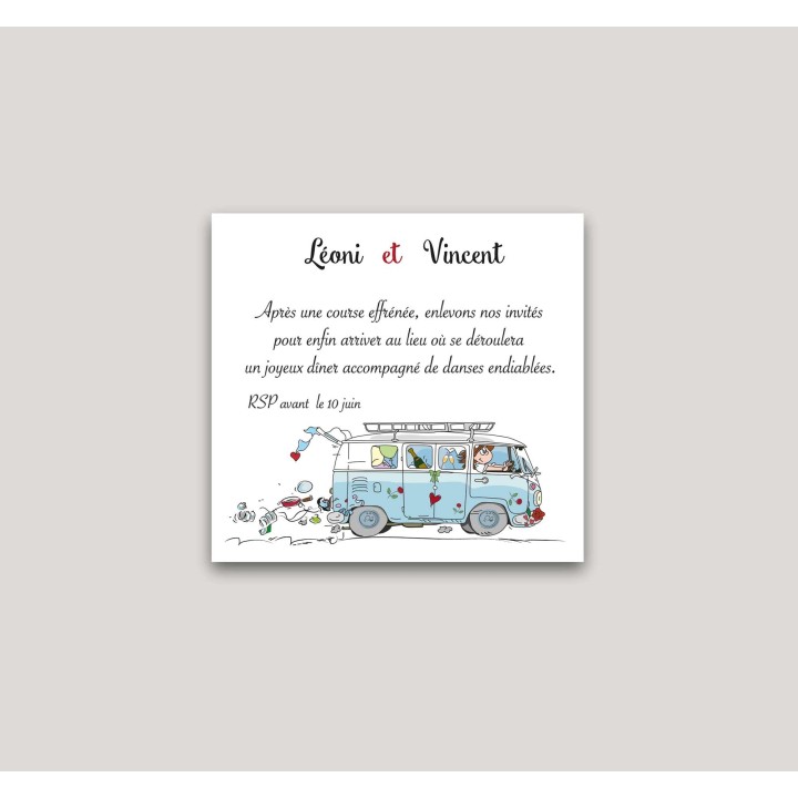 carte invitation au dîner  thème voyage en COMBI Volkswagen bleu voiture ancienne