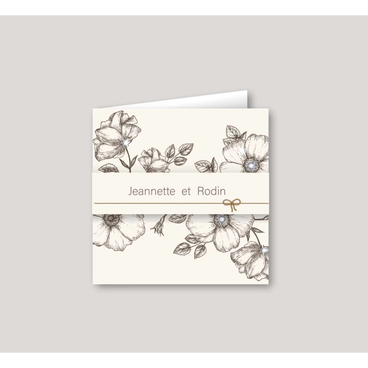 FAIRE PART MARIAGE, FLEURS NATURELLE VINTAGE CORDON ciré