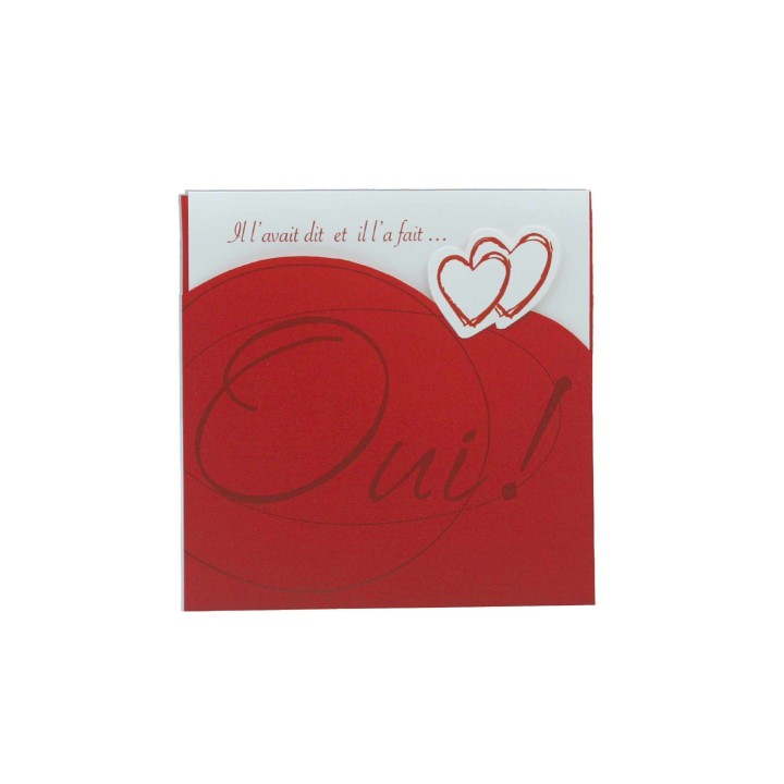 Faire-part mariage, POCHETTE rouge passion tagué du OUI ! 2 cœurs en 3D A GRENOBLE