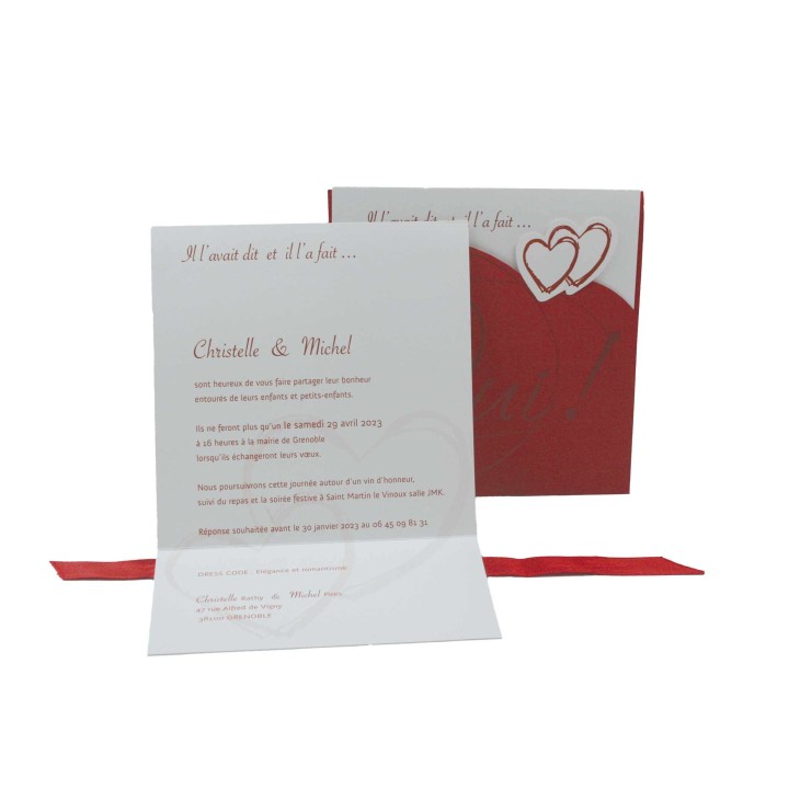INVITATION DE mariage, POCHETTE rouge passion tagué du OUI ! 2 cœurs en 3D A GRENOBLE