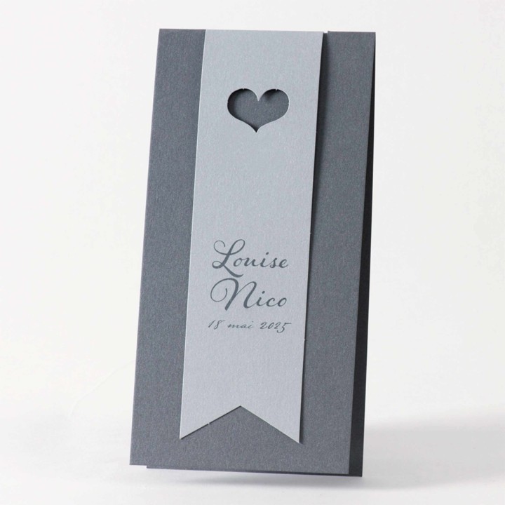 Faire part mariage LUXUEUX  papier irise gris anthracite et argent chrome, découpe d'un petit  cœur.