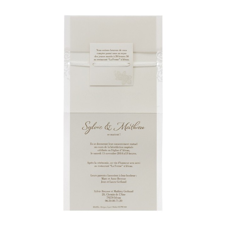 invitation mariage, création distinguée, prénoms sous le calque, sublime de dentelle blanche