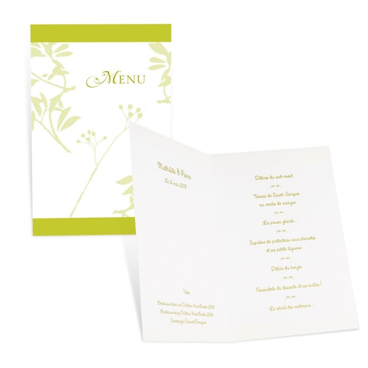 Menu mariage  personnalise VERT anis et BLANC SUBLIME DE FEUILLAGES,