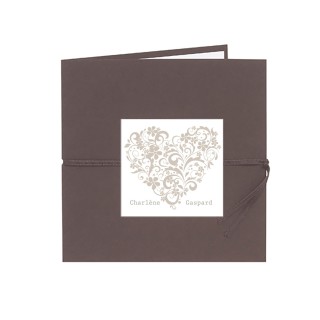 Faire-part mariage CHOCOLAT  COEUR romantique  moderne. forme d'arabesques feuilles blanc intérieur