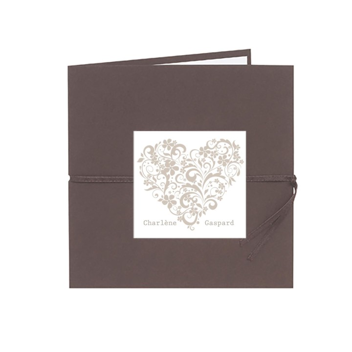Faire-part mariage CHOCOLAT  COEUR romantique  moderne. forme d'arabesques feuilles blanc intérieur