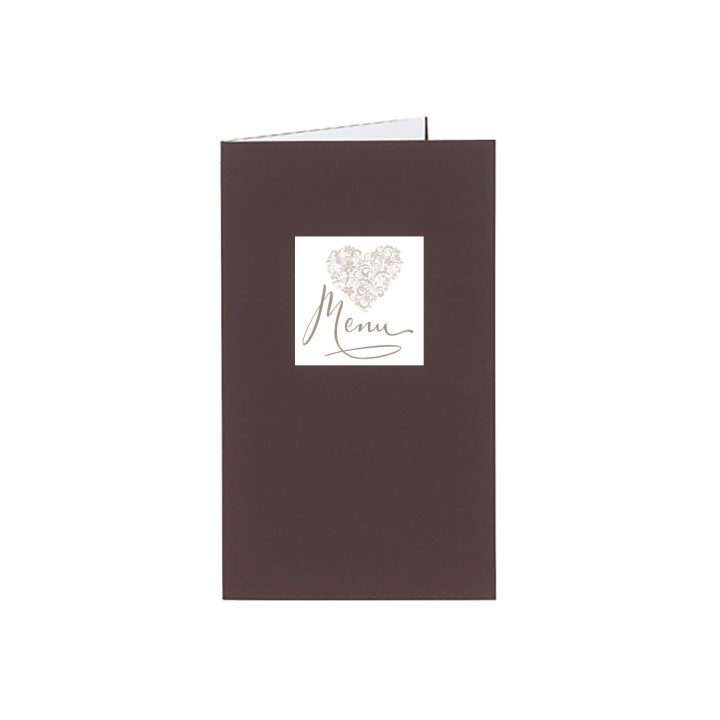 Menu mariage CHOCOLAT  COEUR romantique  moderne. forme d'arabesques feuilles blanc intérieur