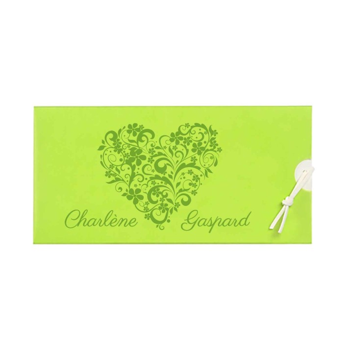 Faire part pochette mariage calque vert anis invitation coulissante joli cœur arabesque