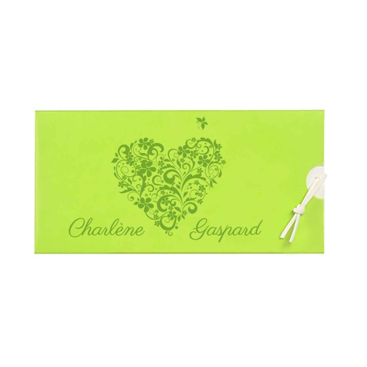 Pochette invitation mariage calque vert anis, feuillet coulissant joli cœur arabesque