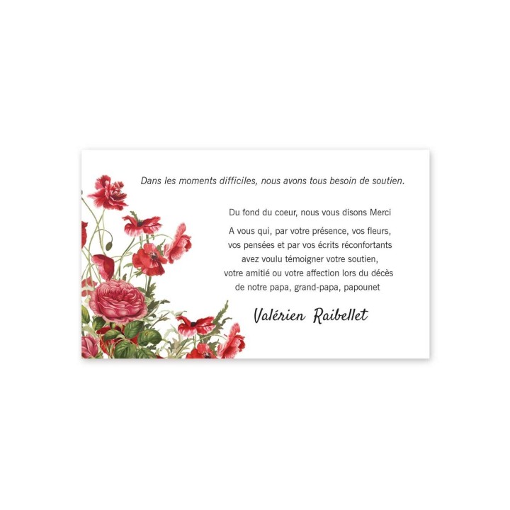 carte remerciement deces  personnalise bouquet de fleurs rouges sauvages