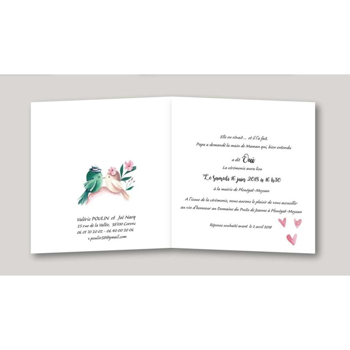 invitation cérémonie mariage 2 beaux OISEAUX amoureux,  dessin peint en aquarelle,
