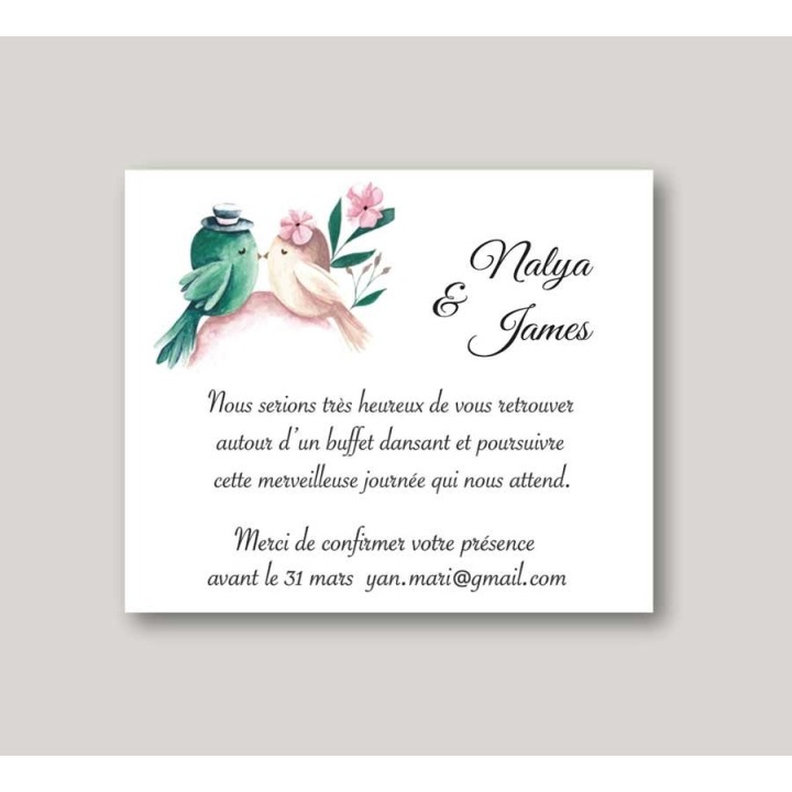 carte diner mariage 2 beaux OISEAUX amoureux,  dessin peint en aquarelle,