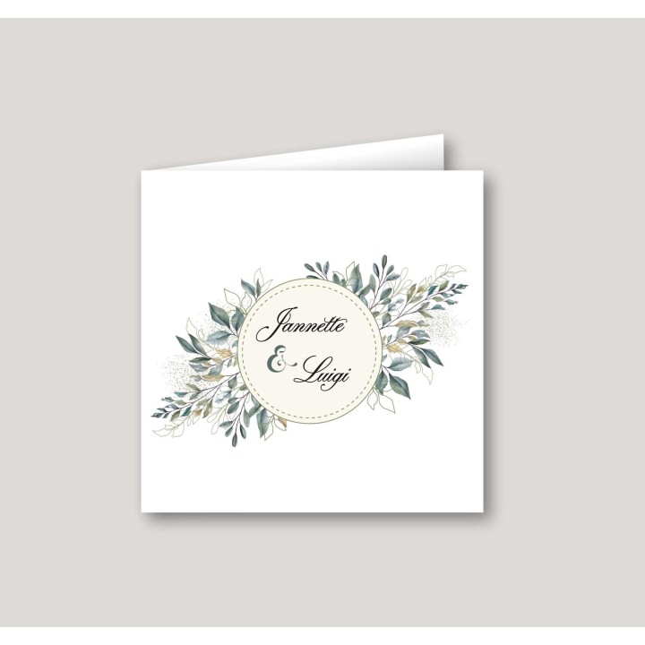 Faire part mariage FEUILLAGE NATUREL autour d'un cadre rond  ou 2 prénoms sont imprimés.