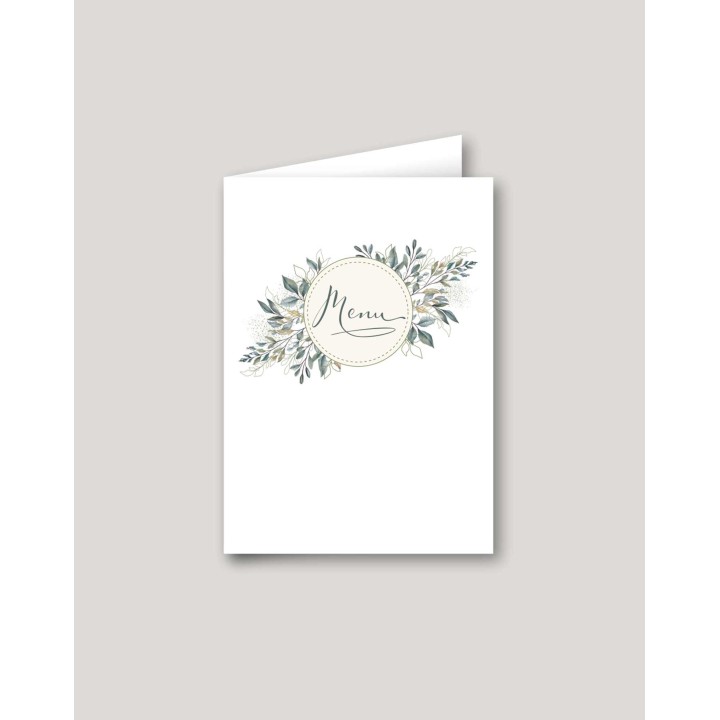 Menu mariage FEUILLAGE NATUREL autour d'un cadre rond  inscrit menu