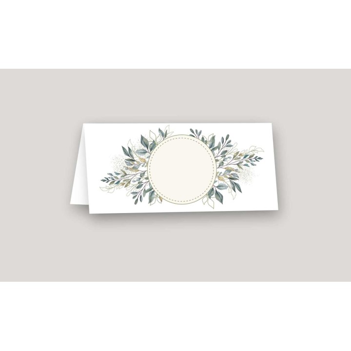 Marque-place FEUILLAGE NATUREL autour d'un cadre rond  pour inscrire les invités