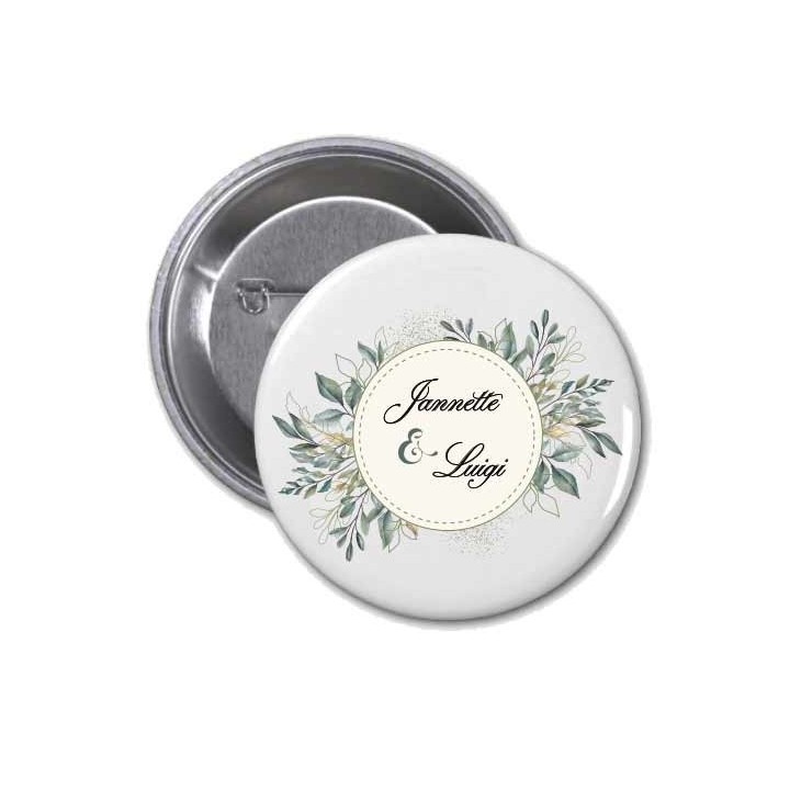 Badge mariage personnalise FEUILLAGE NATUREL autour d'un cadre rond  ou 2 prénoms