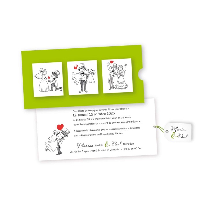 Pochette vert anis carte  mariage retrace la rencontre amoureuse et la demande.