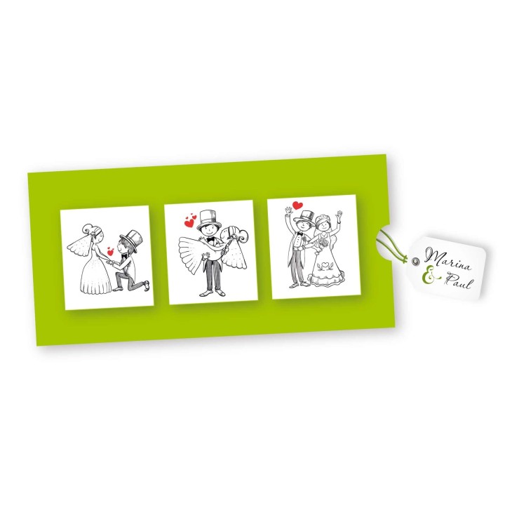 Pochette faire part mariage retrace la rencontre amoureuse et la demande.