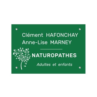 plaque plexiglas vert, gravure Lettres blanches, logo arbre de vie