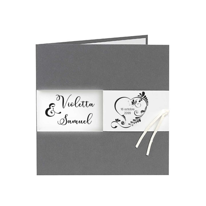 faire part mariage gris irise anthracite, feuille blanc, alliance argenté et lacet blanc