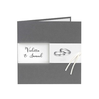 faire part mariage  gris irise anthracite, feuille blanc, alliance argenté et cœur stylisé