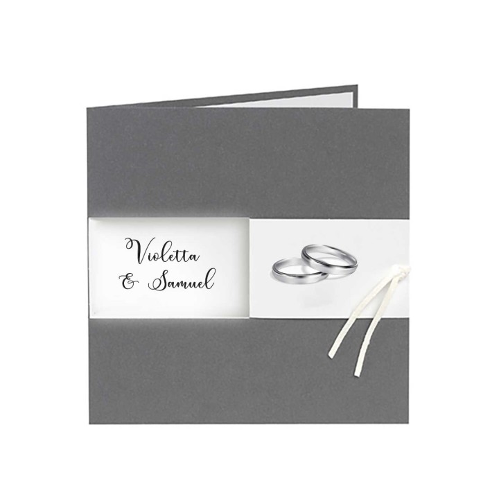 faire part mariage  gris irise anthracite, feuille blanc, alliance argenté et cœur stylisé