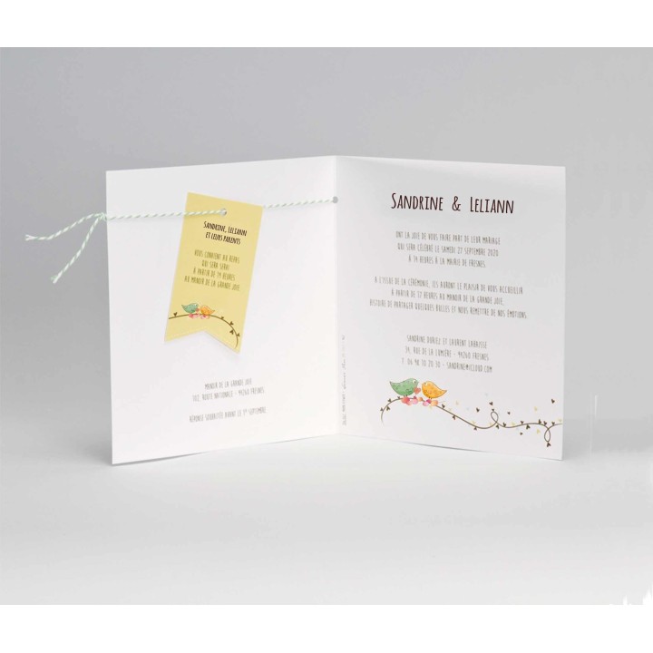 Faire part maries invitation 2 FANIONS ET RUBANS tissé et petits oiseaux et cœurs