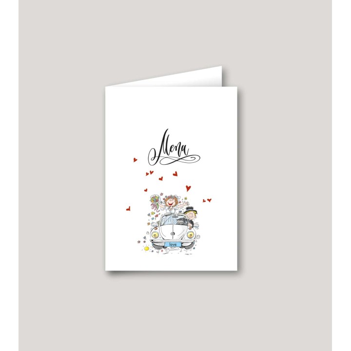 MENU MARIAGE LA VOITURE LA COCINELLE VOLSWAGEN  PERSONNALISE ENVOL DE COEURS ROUGES.