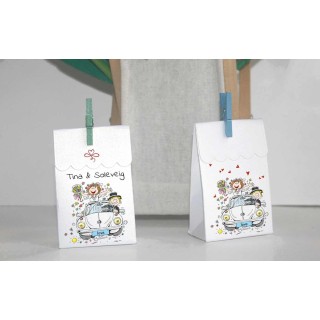 Boite a dragée MARIAGE design HUMOUR   personnalisée prénoms et petits cœurs