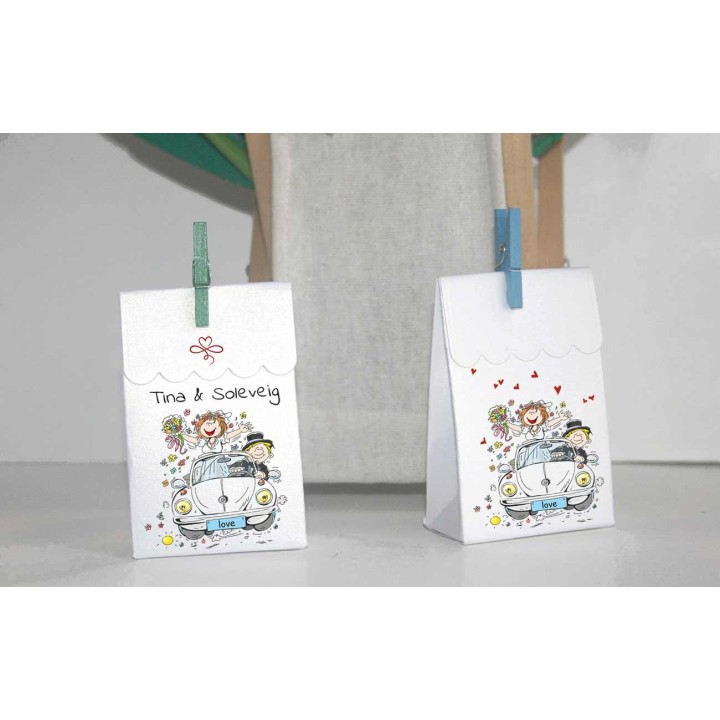 Boite a dragée MARIAGE design HUMOUR   personnalisée prénoms et petits cœurs