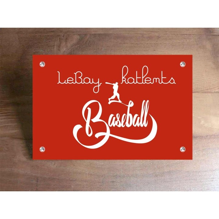 plaque plexiglas rouge, gravure Lettres blanches logo baseball