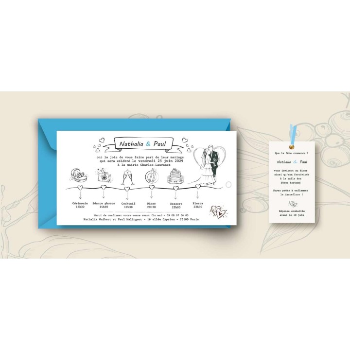 FAIRE PART MARIAGE CHRONOLOGIE, 1 volet  symbole déroulement de la journée.