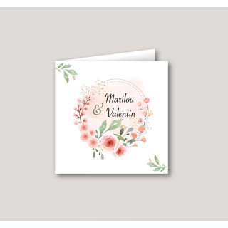 Faire part mariage blanc, joli feuillages et fleurs  roses centrale