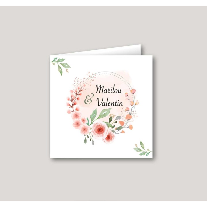 Faire part mariage blanc, joli feuillages et fleurs  roses centrale