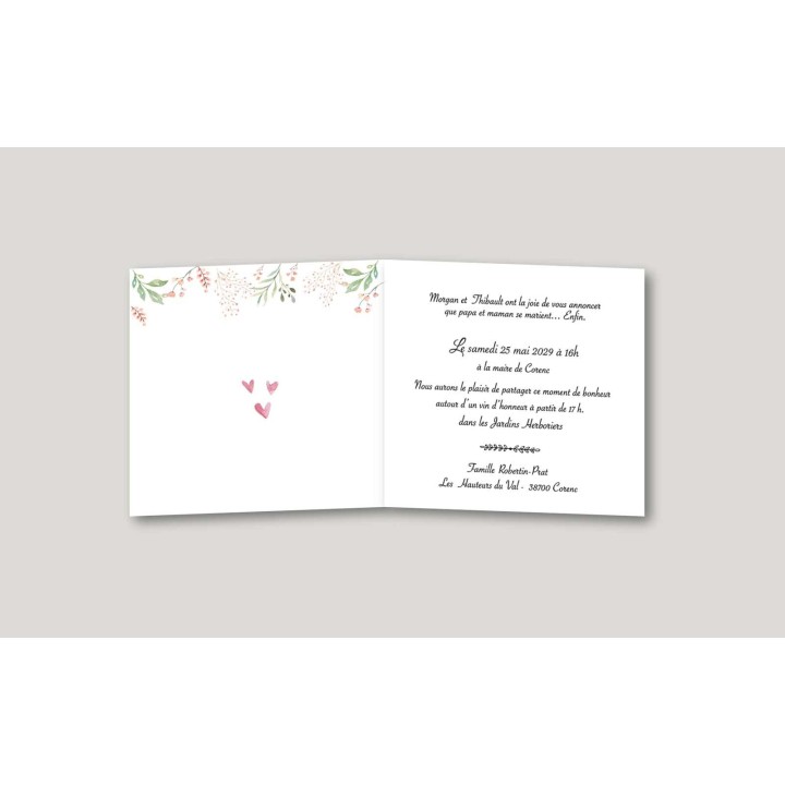 Faire part invitation mariage  jolie couronne centrale de feuillages et fleurs roses