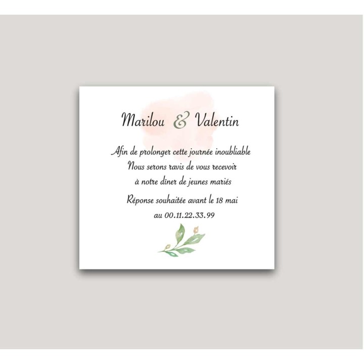 carte repas mariage blanc, feuillages et fond rose