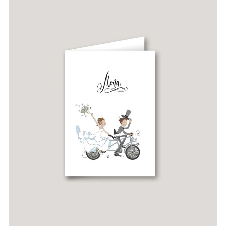 MENU,  design les mariés cyclistes design en vélo pour le mariage