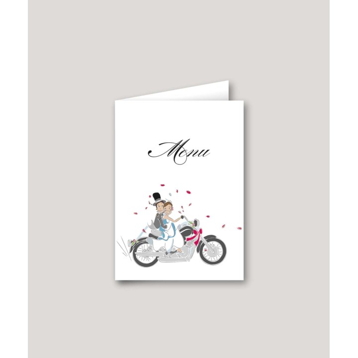CARTON MENU DE MARIAGE DESIGN MOTARS les mariés EN MOTOS pour le mariage
